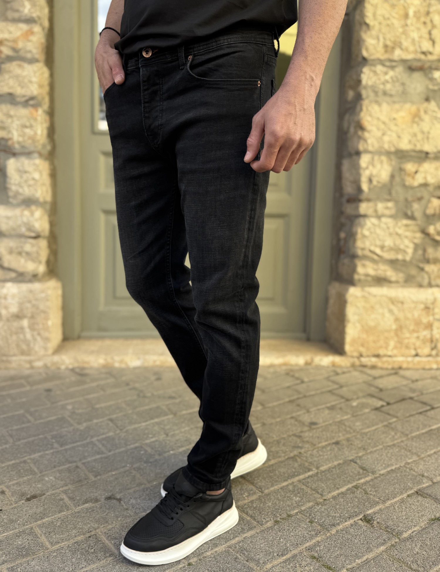 Ανδρικό Slim μαύρο ξεβαμμένο τζιν παντελόνι πεντάτσεπο με κουμπιά 3LN513 φωτογραφία